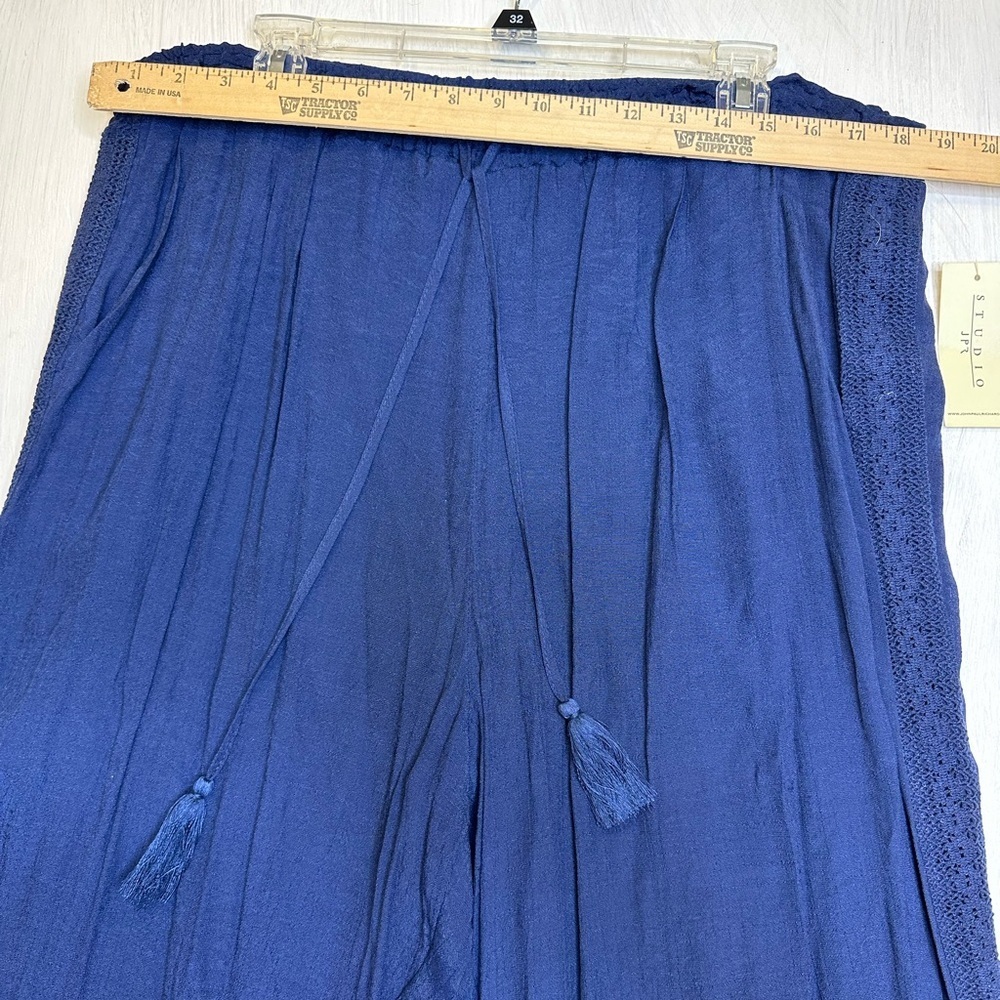 Studio JPR Navy Wide Leg Pants XL Smocked Waist Tassel Drawstring Boho Beach - Picture 4 of 11